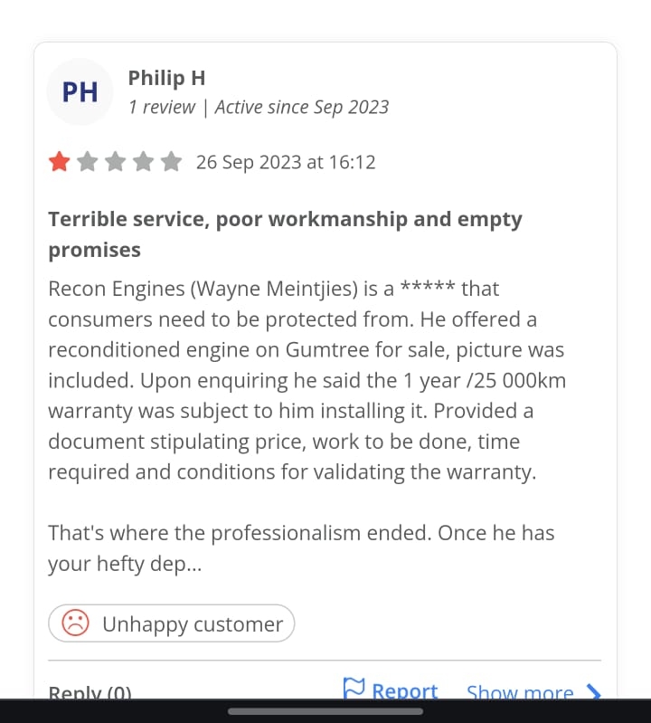HelloPeter review by Philip H, 1 star, 26 September 2023, titled 'Terrible service, poor workmanship and empty promises', describing a reconditioned-engine purchase from Recon Engines on Gumtree, with the warranty tied to installation by Wayne and a hefty deposit.