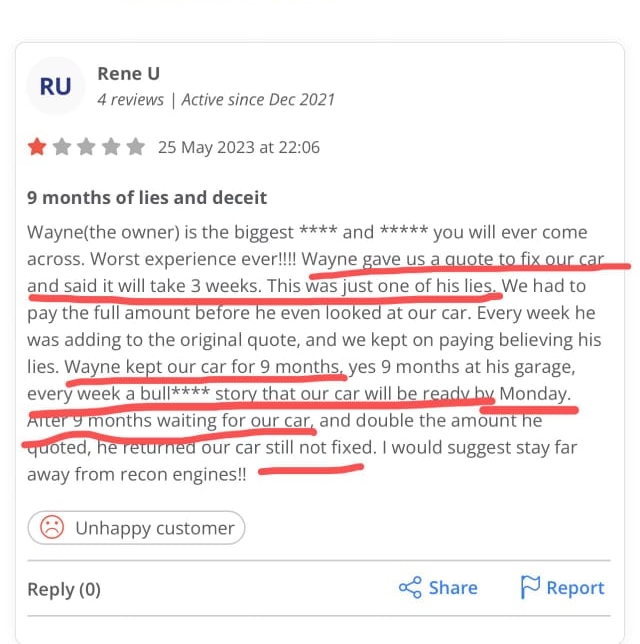 HelloPeter review by Rene U, 1 star, dated 25 May 2023, titled '9 months of lies and deceit', describing how Wayne quoted 3 weeks, kept the car 9 months, doubled the amount, and returned it still not fixed.